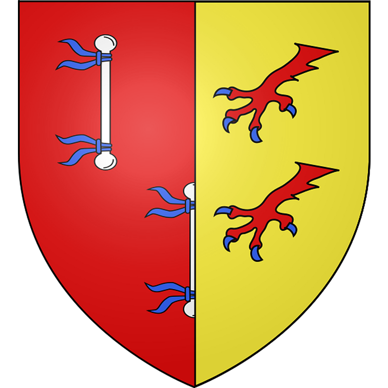 Source caption: ""Parti, au 1er, à la moitié des armes Beaupoil qui sont des gueules à trois accouples de chien d'argent, en pal, les liens d'azur, et posés 2 et 1 ; au 2nd, d'or à deux pattes de griffons de gueules, armées d'azur, posées l'une sur l'autre" (qui est Bourdeilles). Si l'on se réfère au remarquable Dictionnaire des paroisses du diocèse de Tulle, on constate que les Beaupoil, famille d'origine bretonne, suivirent, en Limousin, Charles de Blois, Vicomte de Limoges. Parmi les alliances, les Beaupoils en comptent une avec la famille De Bourdeilles (alliance matérialisée sur un bénitier en bronze) aux armes en partition des deux familles (bénitier visible dans la sacristie de l'église de Saint-Aulaire). Il semble donc que Saint-Aulaire ne pouvait choisir comme armoiries communales que celles de ces Beaupoils qui en prirent le nom et celle des Bourdeilles."
