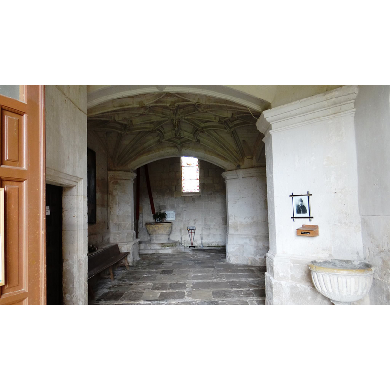 showing the location of the holy-water stoup [foreground, right] and the baptismal font [back end, left]