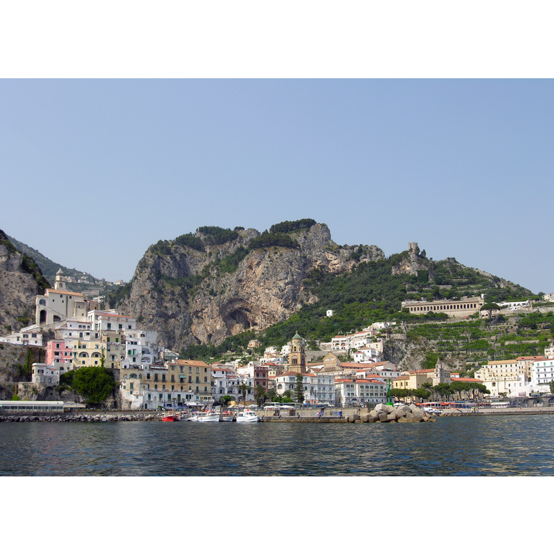 view of Amalfi from the sea -- the cathedral is loacted on the left side of the image