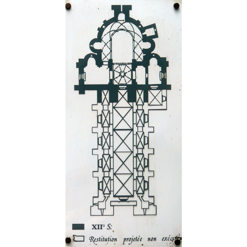 this plan shows the original church of the 12thC; the nave and west facade, drawn here disappeared in the 16thC, and only the eastern section of the former church (chancel and transept), drawn here in thicker lines, remains today