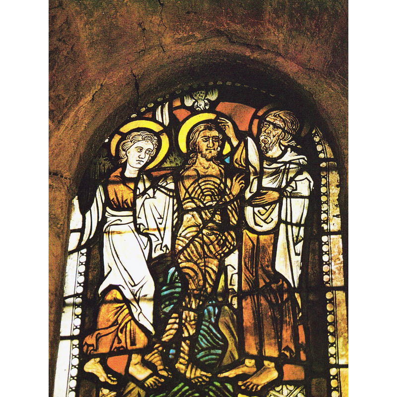 Source caption: "Lojsta kyrka.Jesu dop.Fönstermålning från 1200-talet."
