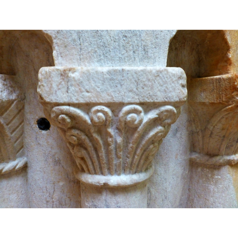 displayed in the Musée national du Moyen Âge (6 Place Paul Painlevé, 75005 Paris, France) and identified as a late-12thC cloister font from the Prieuré Saint-Michel de Grandmont