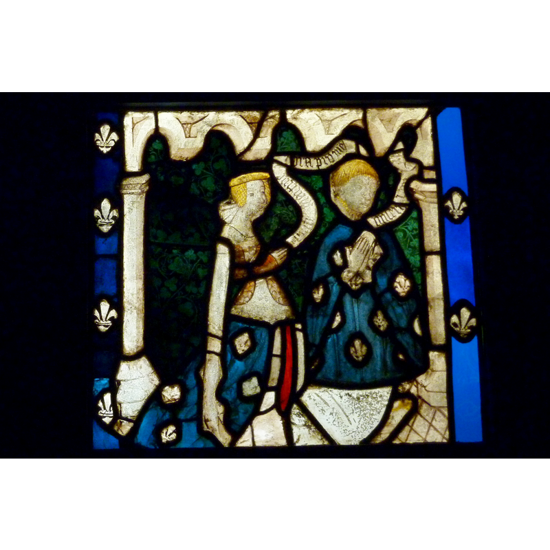 Source caption: "Bleiglasfenster im Musée National du Moyen Âge (Hôtel de Cluny) in Paris; Herkunft: Betton (Département Ille-et-Vilaine, Bretagne), um 1400; Darstellung: Stifter".