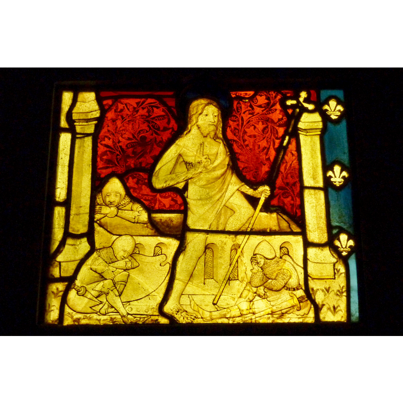 Source caption: "Bleiglasfenster im Musée National du Moyen Âge (Hôtel de Cluny) in Paris; Herkunft: Betton (Département Ille-et-Vilaine, Bretagne), um 1400; Darstellung: Auferstehung Christi / Vitrail au Musée National du Moyen Âge (Hôtel de Cluny) à Paris; Origine: Betton (département de l'Ille-et-Vilaine, Bretagne), en 1400, Illustration: la Résurrection du Christ".