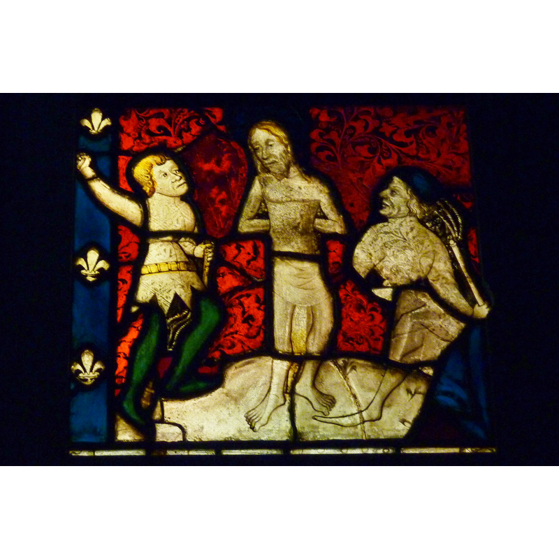 Source caption: "Bleiglasfenster im Musée National du Moyen Âge (Hôtel de Cluny) in Paris; Herkunft: Betton (Département Ille-et-Vilaine, Bretagne), um 1400; Darstellung: Geißelung Christi"