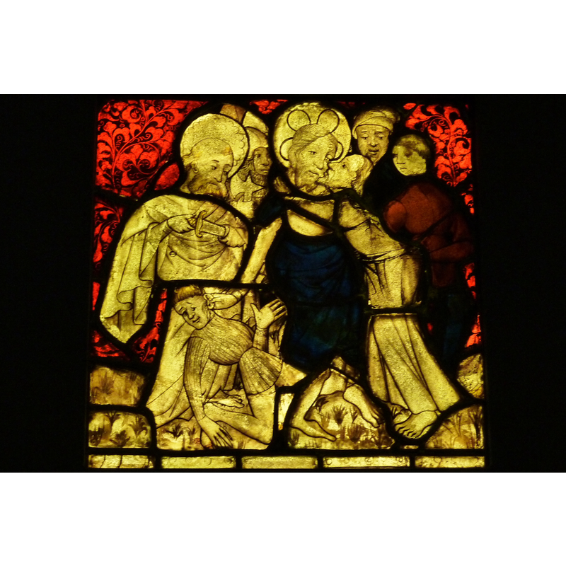 Source caption: "Bleiglasfenster im Musée National du Moyen Âge (Hôtel de Cluny) in Paris; Herkunft: Betton (Département Ille-et-Vilaine, Bretagne), um 1400; Darstellung: Judaskuss".