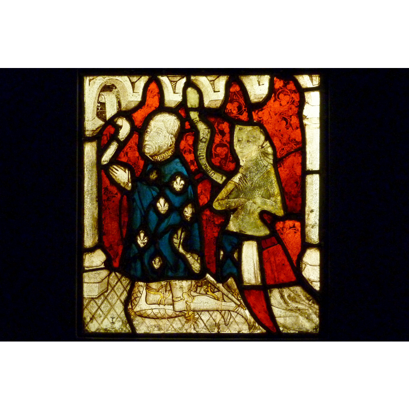 Source caption: "Bleiglasfenster im Musée National du Moyen Âge (Hôtel de Cluny) in Paris; Herkunft: Betton (Département Ille-et-Vilaine, Bretagne), um 1400; Darstellung: Stifter".