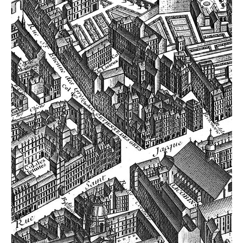 the church can be seen here at the corner of rue Saint-Jacques and rue saint-Étienne-des-Grès; it would demolished in 1792, just over half a century after the map was made