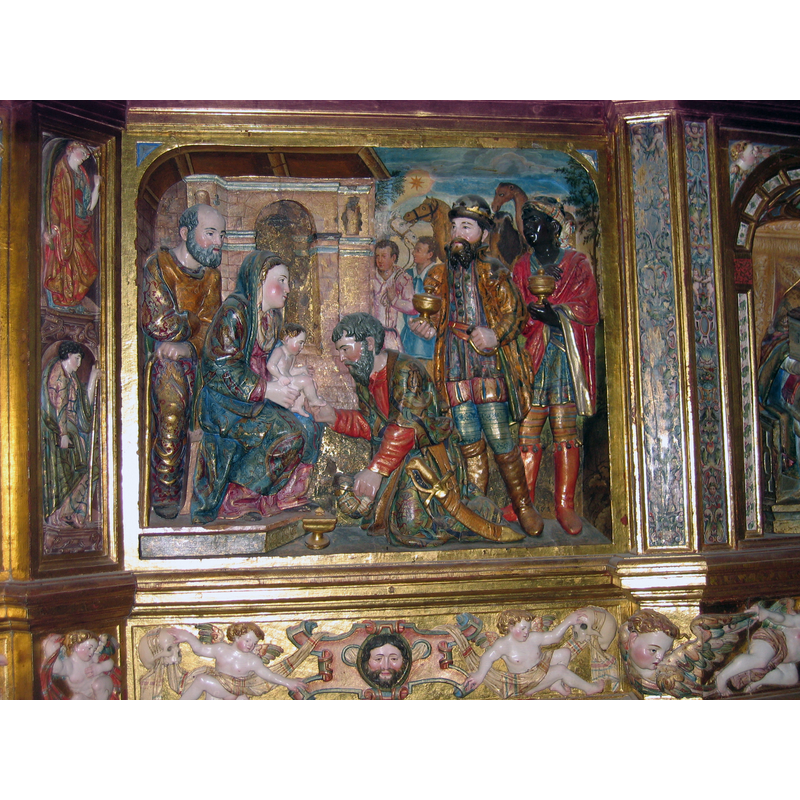 Source caption: "Escena de la adoración de los Reyes Magos en el retablo mayor de la iglesia de San Miguel de Mahamud"