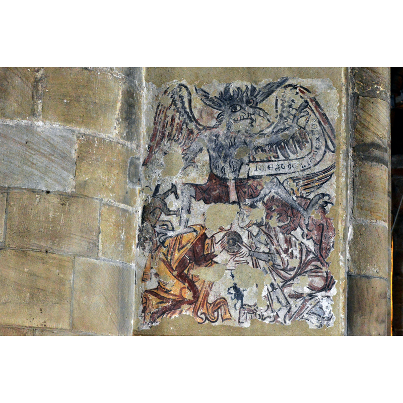 Source caption: "Melbourne Parish Church: Medieval wall painting. The demon, Tutivillus hovers over two women each having a demon on their back."