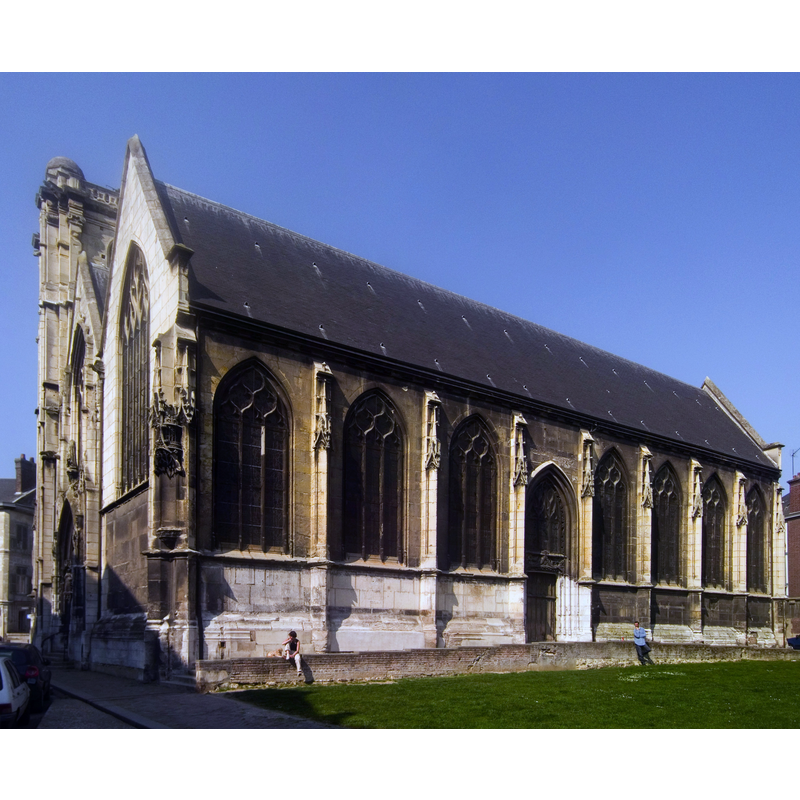 Source caption: "Façade sud de l'église Saint-Godard de Rouen, vue depuis la rue François-Villon."