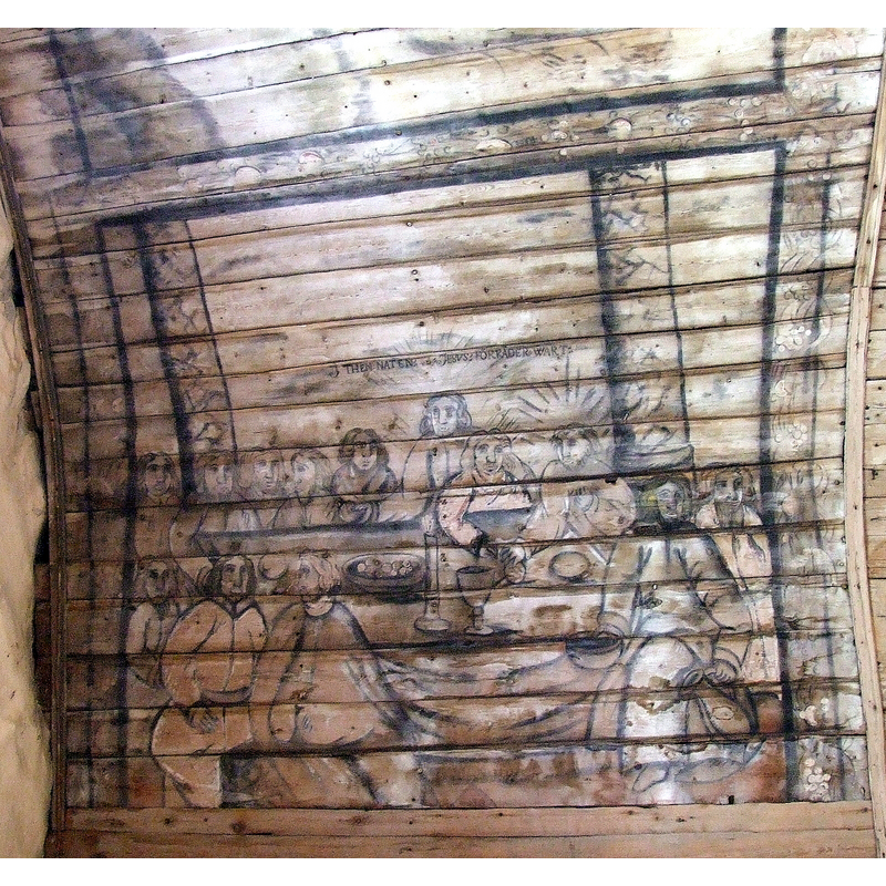The Last Supper -- Source caption: "Uknown artist's painting on the ceiling of Keminmaa Medieval church. Painted in 1650. The words in the painting 'I then naten Jesus förråder wart' are in Old Swedish."