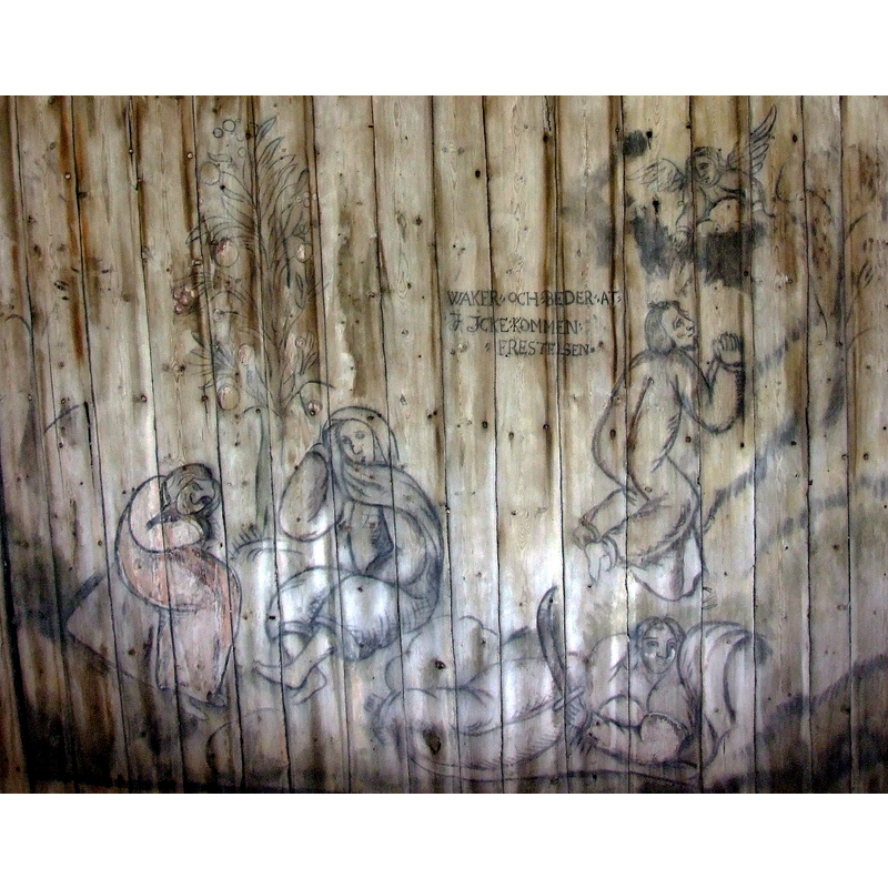 Ascension? / Resurrection? -- Source caption: "Uknown artist's painting on the ceiling of Keminmaa Medieval church. Painted in 1650. The words in the painting Waker och beder at i icke kommen frestelsen are in Old Swedish.."