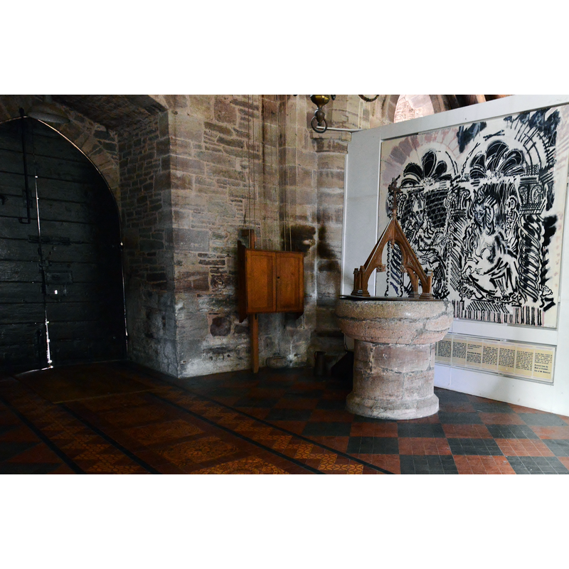 Source caption: "Madley: Nativity of the Virgin Church: One of the largest Norman fonts in England". -- at the west end of the church, north side