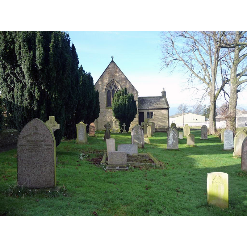 Source caption: "St Mary's and the churchyard, Hutton Magna. Looking west from just inside the churchyard."
