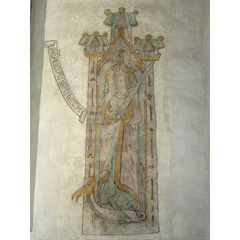 one of several depictions of saints in the nave: "The other wall paintings of the nave are a little later, ca 1280-1300, and here further influence from Gotland can be seen in isolated figures of saints framed in by aedicules." [source: Åsa Ringbom 2012  [www.kyrkor.ax/churches/sund-church/] [accessed 26 July 2017]]