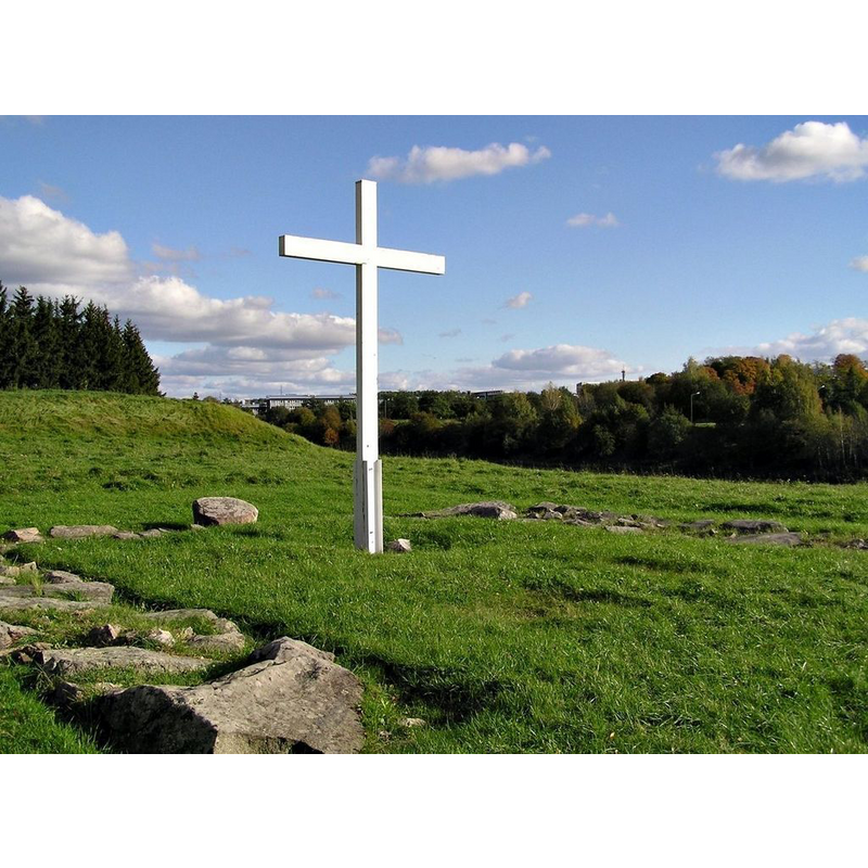 memorial cross and ruins of the former church of Koroinen, where the present font at Maaria's church is said to come from; the church was destroyed ca. 1400