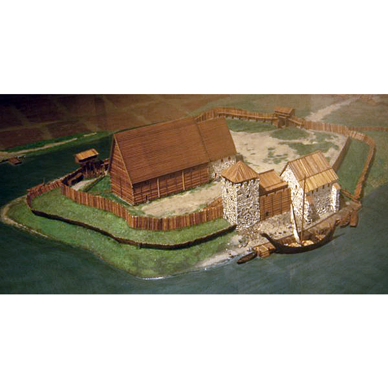 scale model of the original church at Koroinen, where the font now at Maaria's church is said to come from; the Koroinen church was destroyed ca. 1400