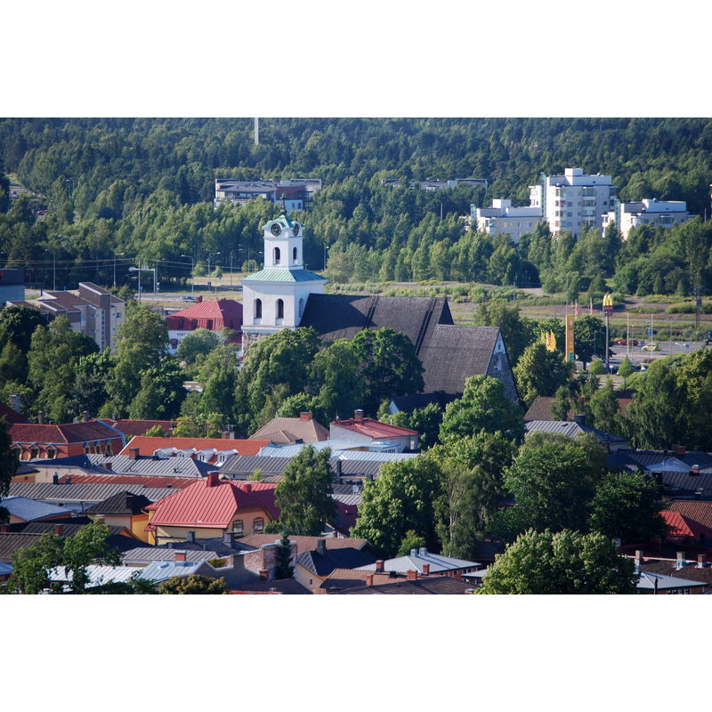 Source caption: "Pyhän Ristin kirkko nähtynä Rauman vesitornista = The Holy Cross Church seen from Rauma water tower".