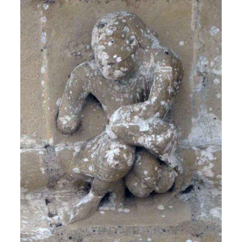 Source caption: "Tireur d'épine aux génitoires considérablement surdéveloppées (sous son manteau) peut figurer l'envie."