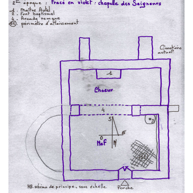 the later development of the original 'chapelle des seigneurs', according to André Douzet, of the Société Périllos -- notice the position of the baptismal font at the northeast corner of the lower chamber, while the orientation of the re-arranged interior has the chancel [choeur] towards the south, not the east