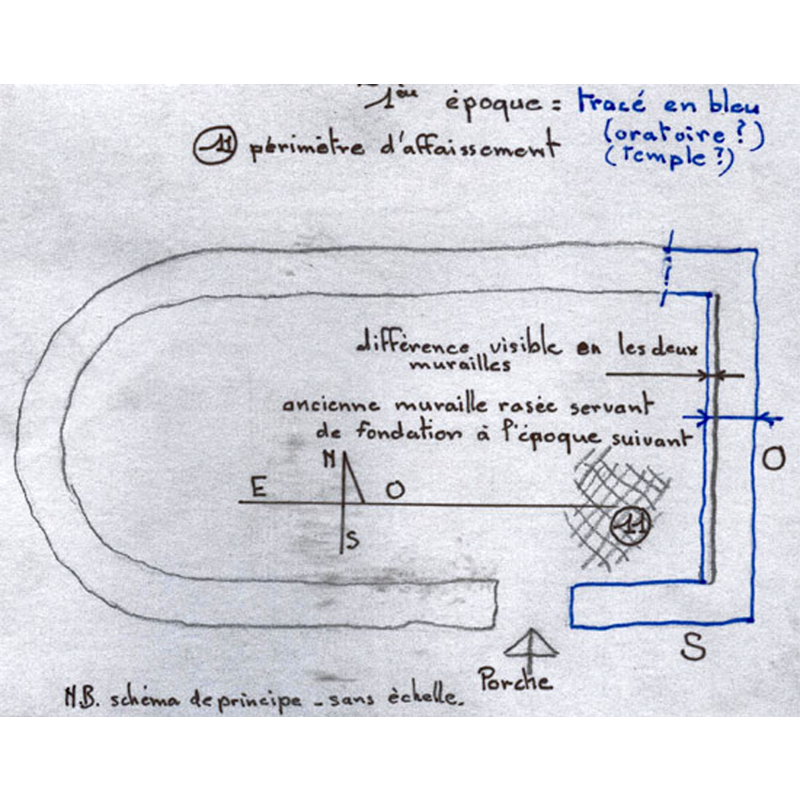 the plan of the original (?) chapel shows the chancel properly oriented towards the east, with the entranceway in the north wall