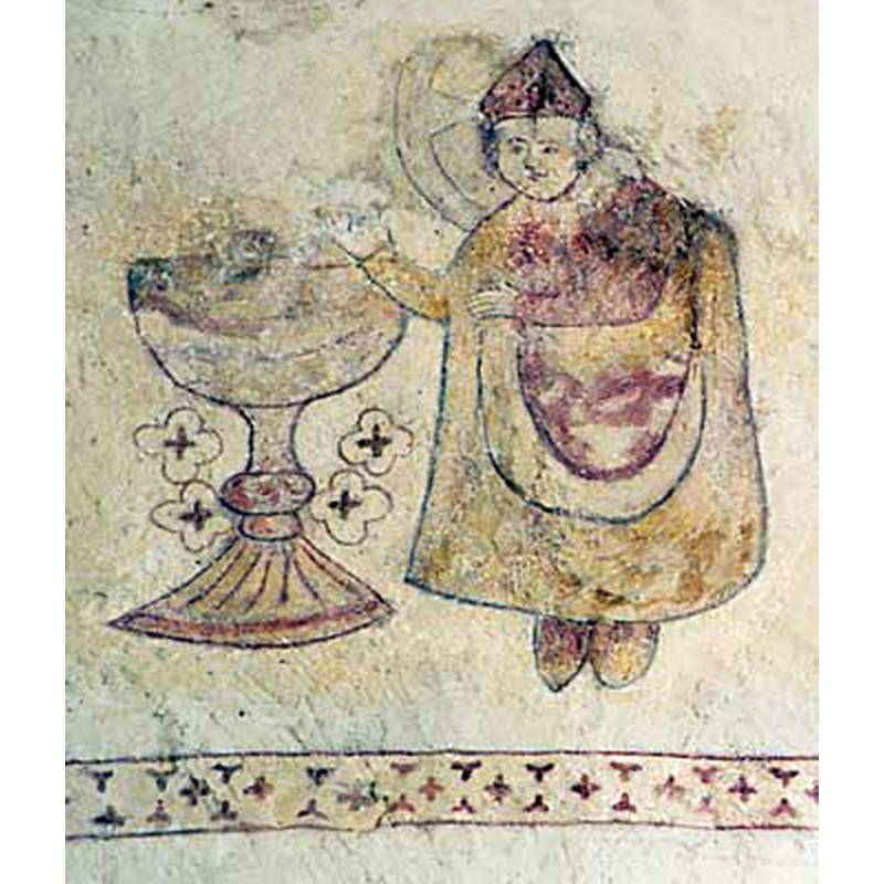 mural painting of a bishop and a baptismal font described and illustrated by Åsa Ringbom in Kyrkor.ax: "Biskop och dopfunt, kalkmålning. Från senmedeltiden härstammar långhusets kalkmålningar i flera ovanpå varandra liggande skikt. Bland målningarna som endast fragmentariskt bevarats, har man avbildat kyrkans dopfunt högt uppe på sydväggen. Målningen kan betraktas som ett porträtt av kyrkans pokalformade dopfunt från 1400-talet."