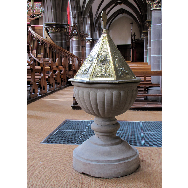 the 18thC font and its later cover in the Gothic Revival parish church at Mutzig