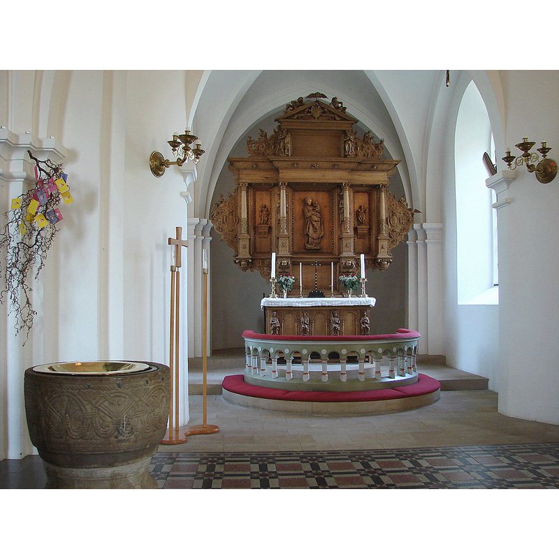 the old font is located now at the east end of the nave. north side, just west of the chancel arch