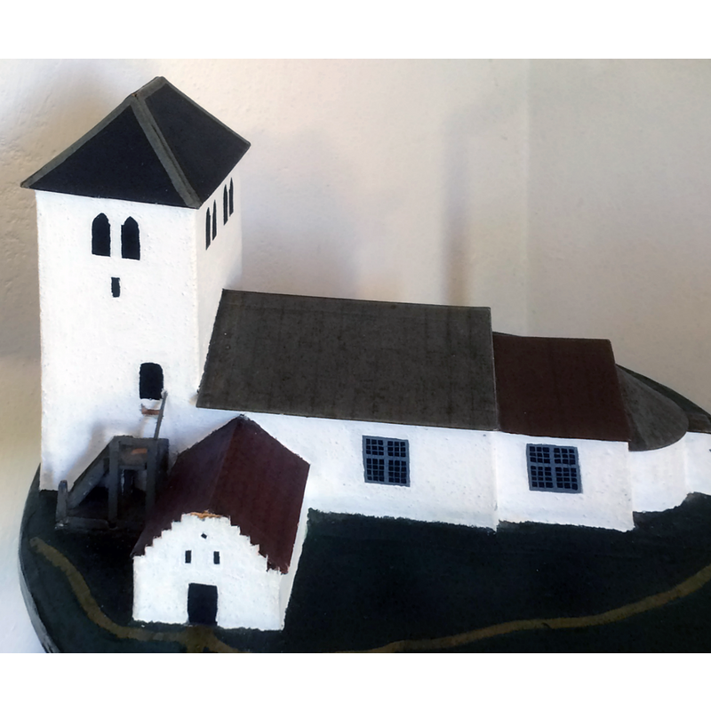 a maquette of the old church at Munkarp; it was demolished in 1883 and replaced by the present building