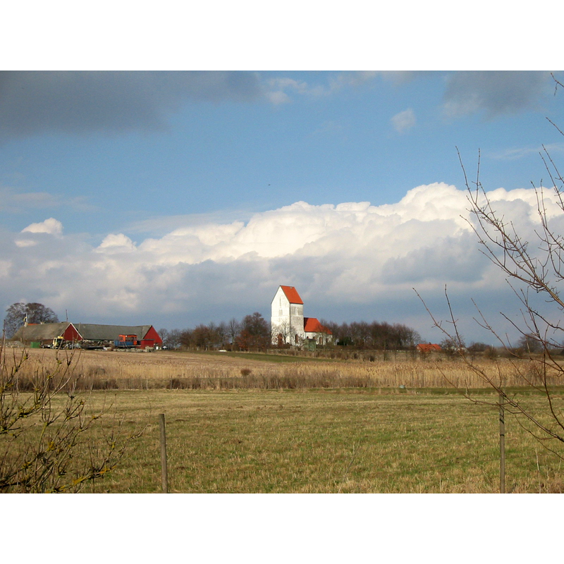 the parish church in a typical Skåne early-spring landscape