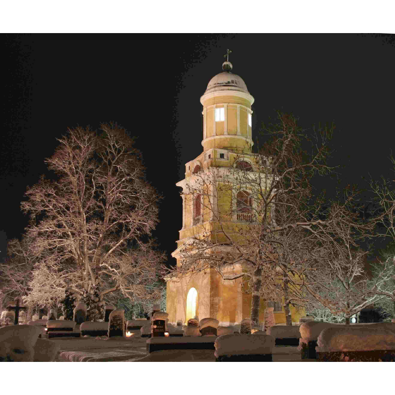 Source caption: "The bell tower of Hollola Evangelical Lutheran parish in the old center of Hollola municipality near the city of Lahti, Finland. The neoclassical (empire) tower was designed by architect Carl Ludvig Engel and it was built in 1829–1831."