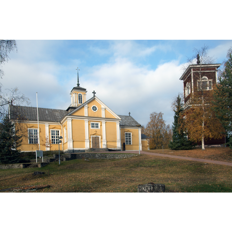 the modern church at Ahlainen /  Vittisbofjärd with its detached tower of later date - Source caption: "Ahlainen Church in Pori, Finland. Completed in 1796. Designed by Salomon Köhlström."