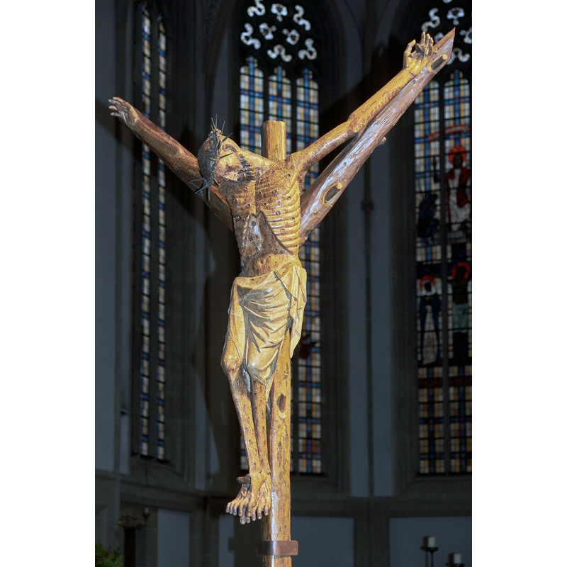 Source caption: "Das Bocholter Kreuz in der Pfarrkirche St. Georg ist ein gotisches Gabelkreuz aus dem 14. Jahrhundert. Es wurde im Zusammenhang mit einem Blutwunder am Ostermontag 1315 erstmals erwähnt."