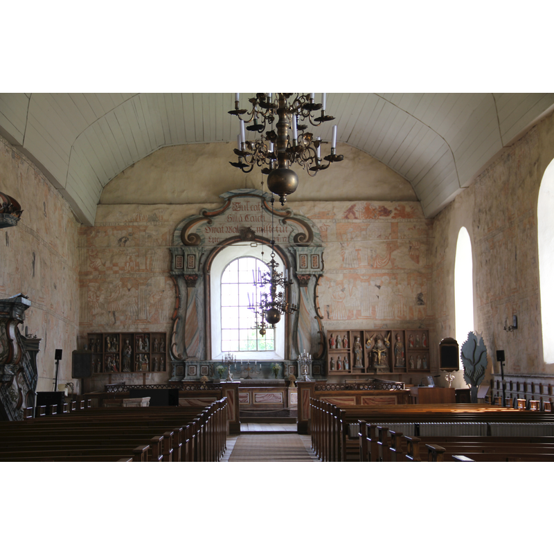 Source caption: "Isokyrö old church, Isokyrö, Finland. – Interior, altar and church paintings."