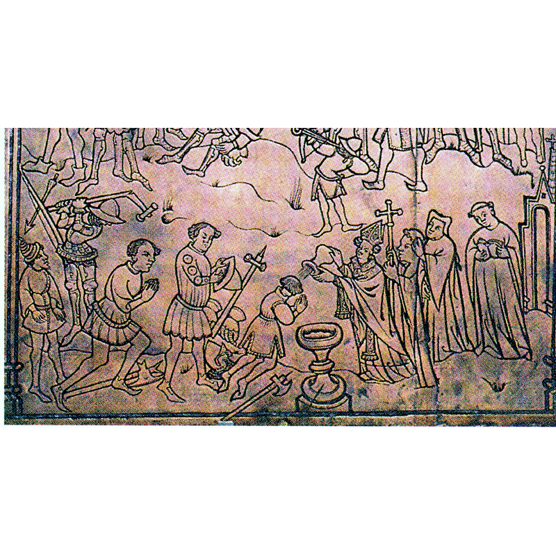 Source caption: "Picture of the so-called cruisade of saints Henry and Eric to Finland. From the sarcophagus of Henry in the church of Nousiainen." -- notice the adult baptismal scene in the foreground, left side; the copper plates are said to have been added by Magnus II Tavast in the 15th century