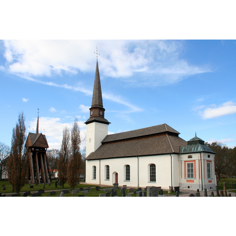 with the detached wooden bell-cote in the foreground