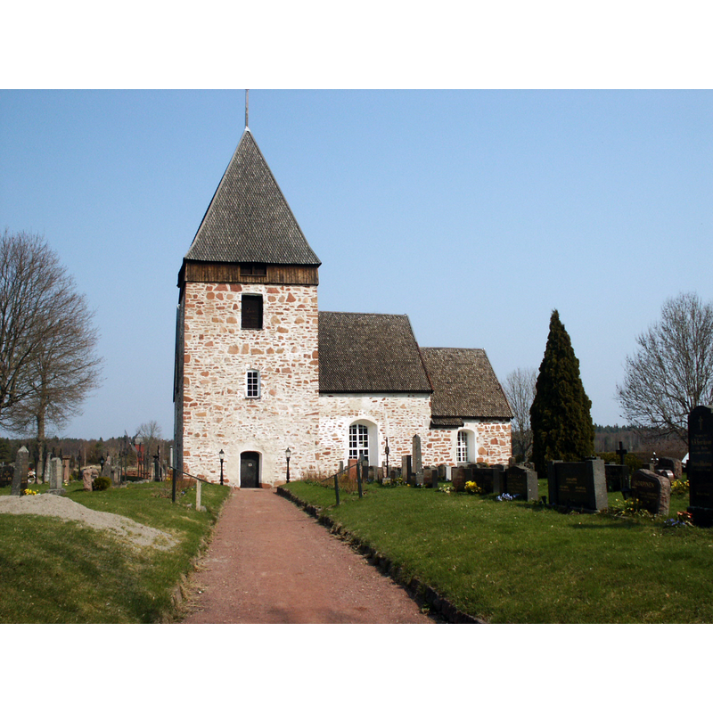 Source caption: "Hammarland church seen from the main gate, Åland, Finland, 14th century stone church".