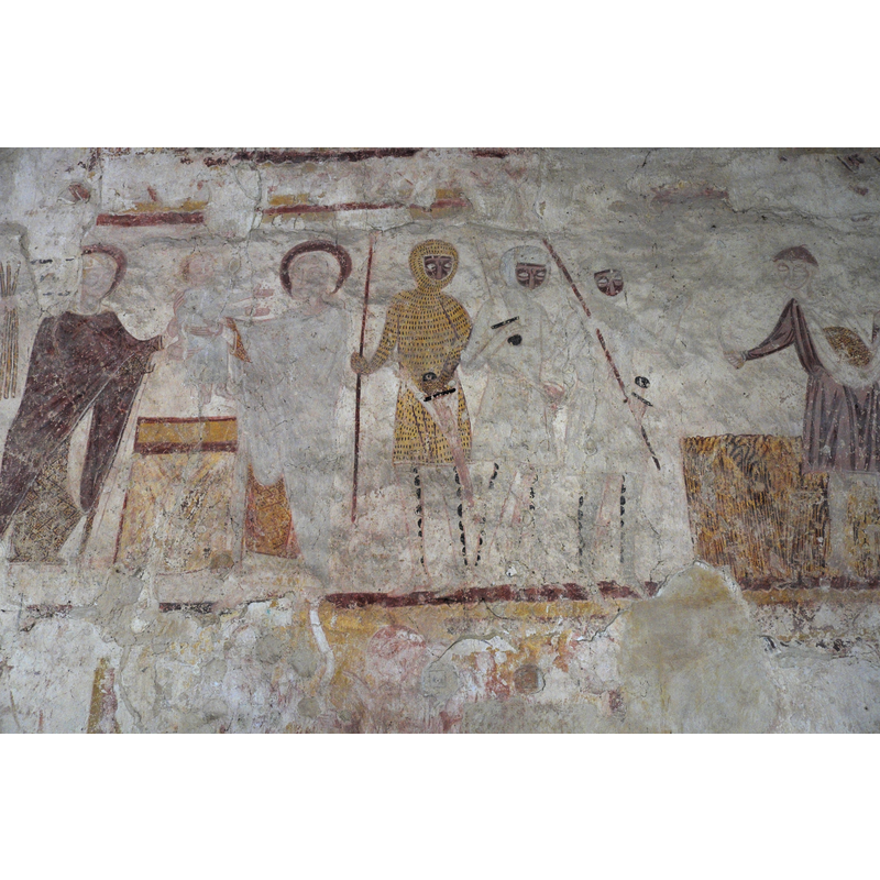 one of the areas of the large mural paintings in this church; there are two scenes discernible here: on the left is the Presentation at the Temple; on the right Herod;s soldiers question the corn farmer about the passing of the Holy Family in their Flight to Egypt: event known as the Miracle of the Harvest, or Miracle of the Cornfield