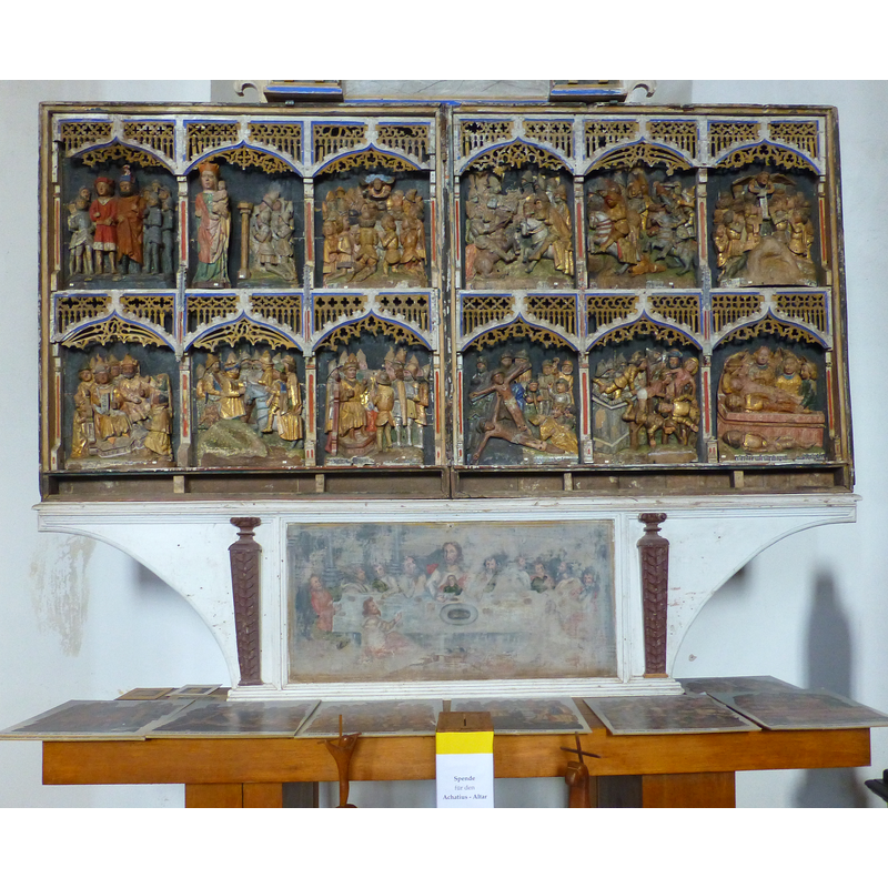 the retable in the Brautkapelle, ar the east end of the north aisle; it is on loan from Brüsenhagen, and said to illustrate scenes in the legend of St. Acacius