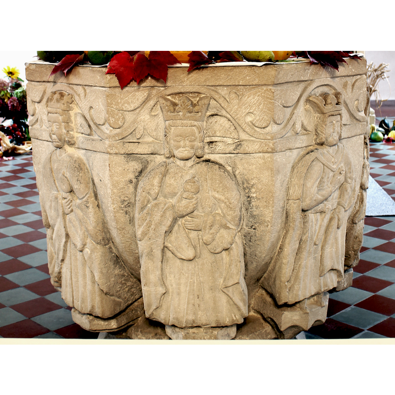 the three standing figures facing west (northwest, west and southwest) constitute the Adoration of the Magi