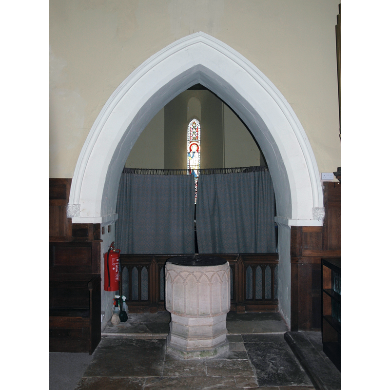 Source caption: "Font and tower arch of Church of England parish church of the Blessed Virgin Mary, Weston-on-the-Green, Oxfordshire".
