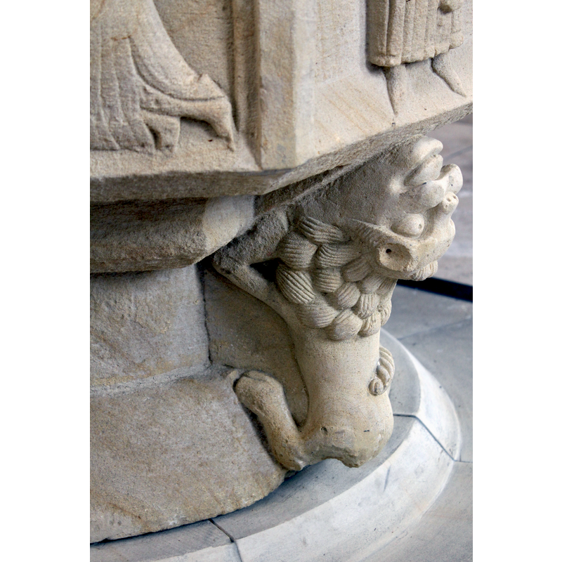one of four such; this one below the secomg Magus of the Adoration scene on the basin