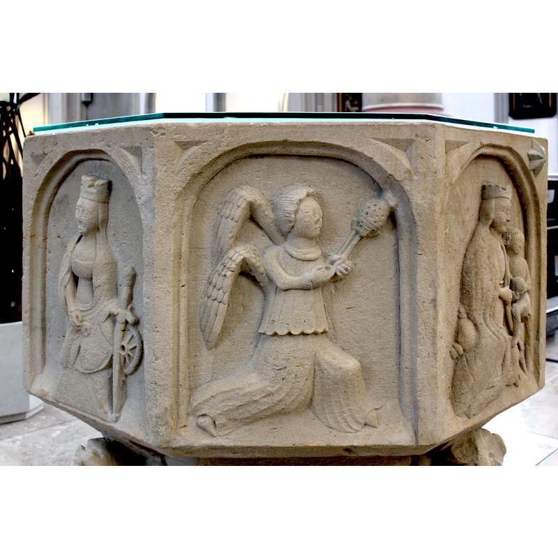 showing L->R: St. Catherine,angel with censer, Madonna and Child