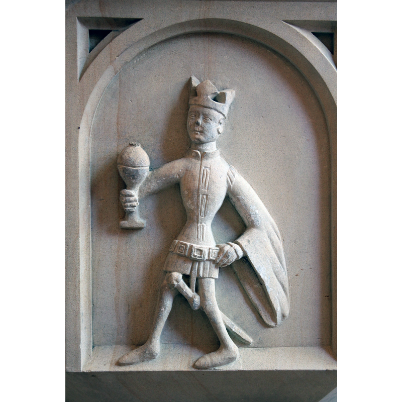 like the third Magus on the Olfen font, this is the dapper one, his garb no doubt in the latest fashion of the day; also like the third Magus on the Olfen font, he carries a sword dangling nonchalantly between his legs