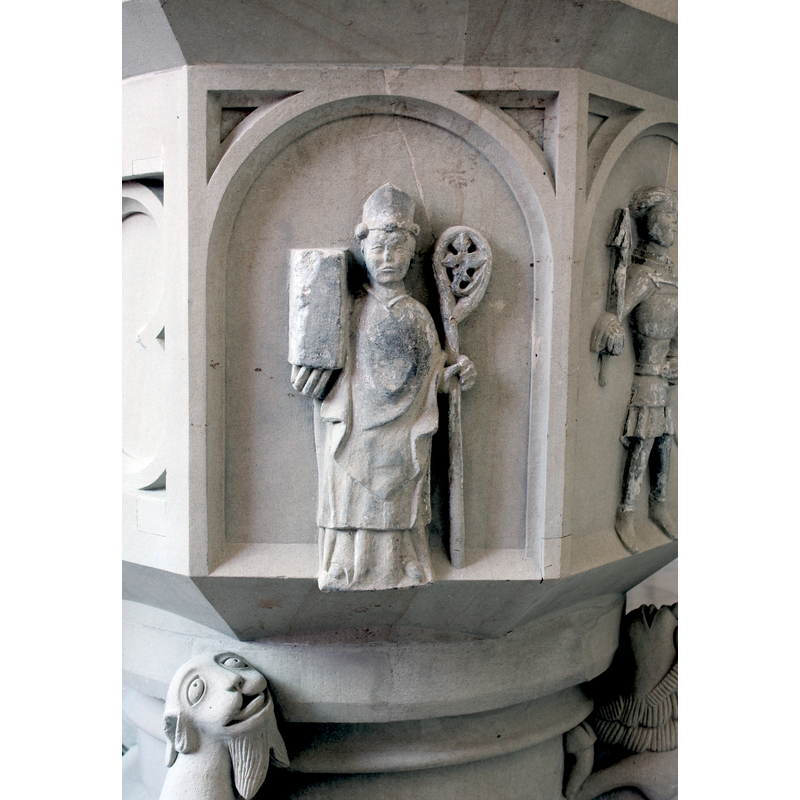 The figure here must be St. Fabianus, bishop of Rome (236-250), whose day is celebrated on 20 January, like St.Sebastian's, and whose body is buried in the church of San Sebastiano fuori le mura, in Rome [NB: both are patrons of this church and the font must have been expressedly been made for this church, adding the two patron saints to the Adoration scene] -- notice how the hem of the bishop's lower vestment wraps over the edge of the frame