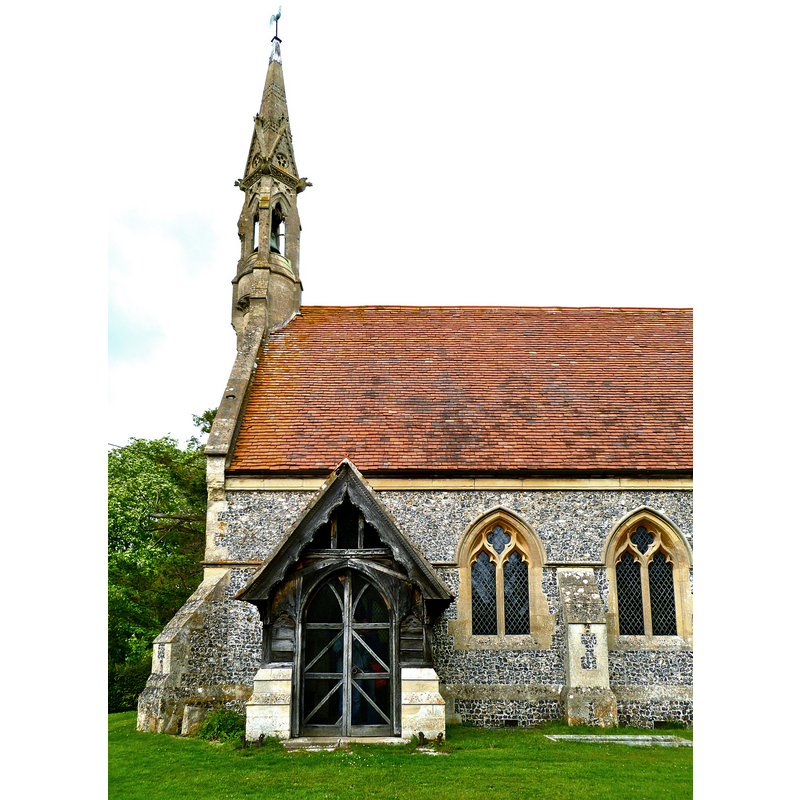 Source caption: "Porch and bell-turret of St Mary's parish church, Adwell, Oxfordshire." [NB: unfortunately the south portal, which was retained from the medieval church, is not visible here]