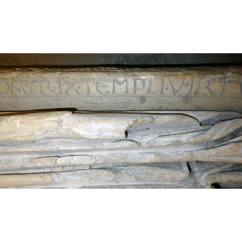 the 13thC (?) tomb of Geva, wife of 9thC Saxon lord Everward -- detail of the inscription on the side [*image rotated 180 degrees*]