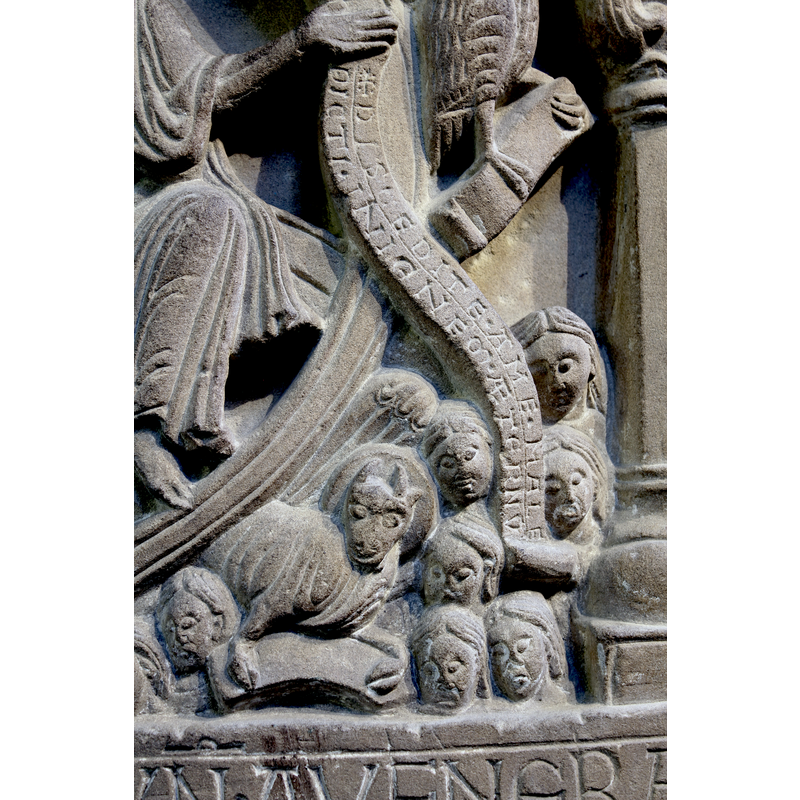 the unhaloed souls and Luke's symbol; inscribed scroll