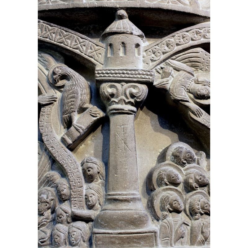 one of the columns and partial view of two of the arch-heads; this one between the Majestas Domini, on the left, and the Ascension, on the right -- notice the different decorative apptterns on the arch-heads